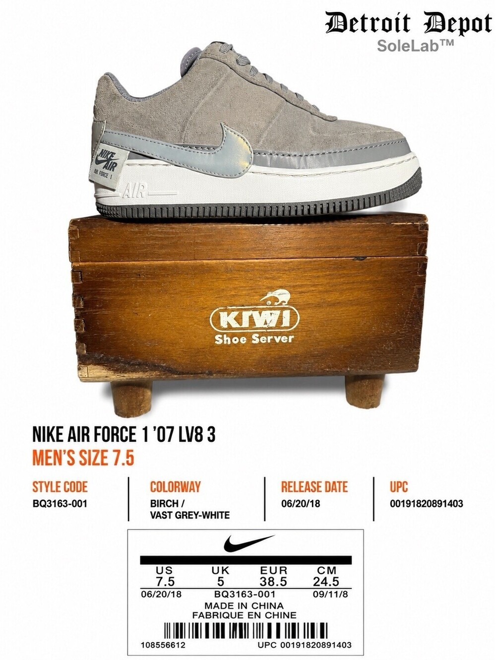 Nike Air Force 1 ‘07 LV8 3 Birch Vast Grey White BQ3163-001 Women’s Size 7.5